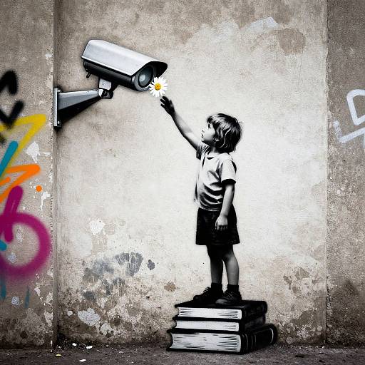 Black-and-white street art of a child in shorts and shirt, standing on stacked books, touching a surveillance camera on a graffiti-covered wall.