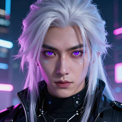 Digital portrait of a pale-skinned, androgynous character with white hair, piercing purple eyes, and glowing skin, wearing a black leather jacket