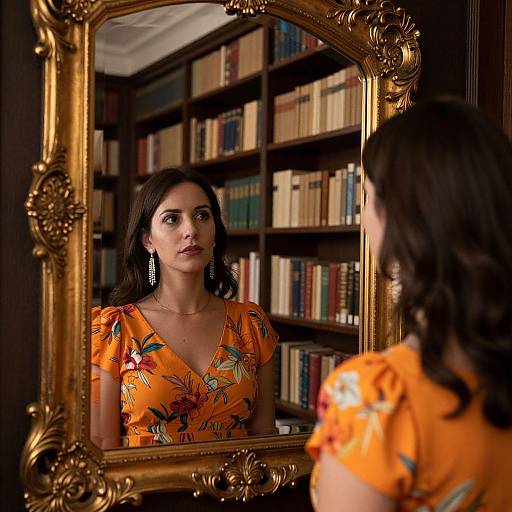 Photograph of a woman with dark hair, wearing an orange floral dress, reflected in an ornate gold mirror, standing in a library with booksh