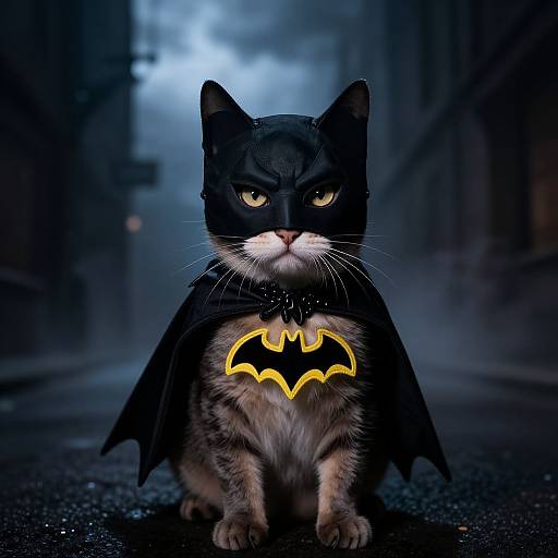 Photograph of a black and brown cat with a Batman mask and cape, featuring a glowing yellow Batman symbol on its chest, standing on a dark,