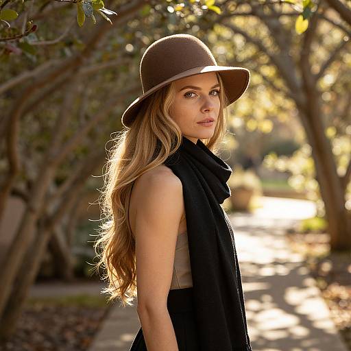 Photograph of a blonde woman with long wavy hair, wearing a brown hat and black scarf, standing in a sunlit, tree-lined path.
