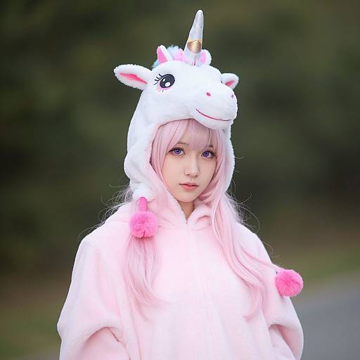 Photograph of an Asian woman with long pink hair, wearing a white unicorn hoodie with pink pom-poms, and a matching horn hat, against a