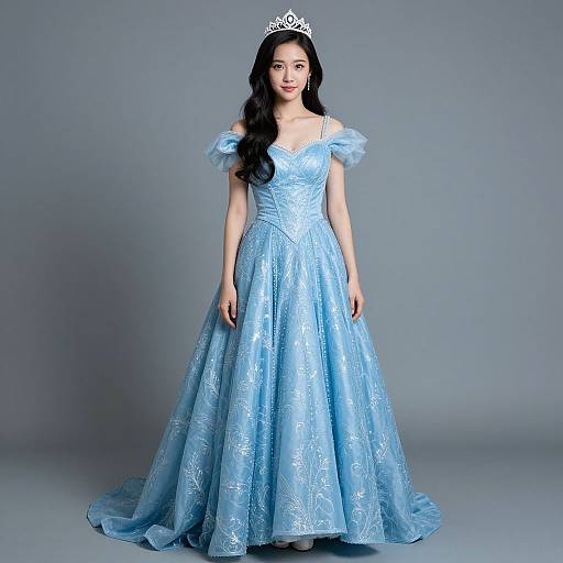 Photograph of an Asian woman with long black hair, wearing a light blue, off-shoulder, sparkling princess gown and silver tiara, standing