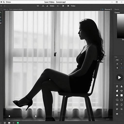 Silhouetted photograph of a woman with long hair, wearing a sleeveless dress and high heels, sitting on a chair against a brightly lit window