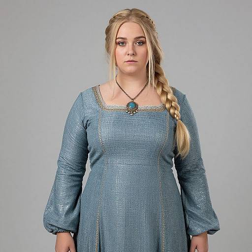 Photograph of a young blonde woman with a braid, wearing a blue, long-sleeved, textured medieval-style dress, and a blue gem