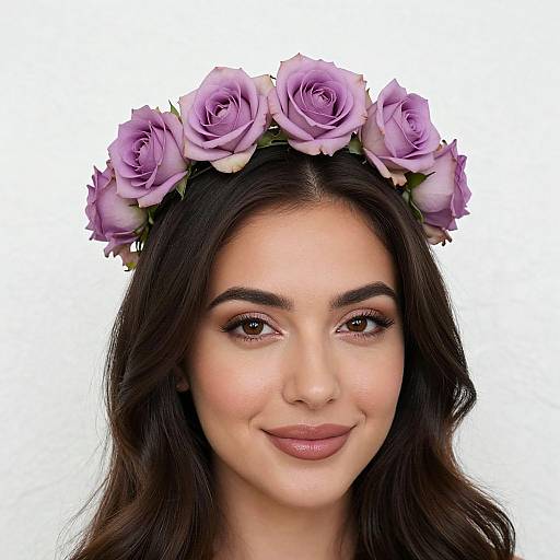 Photograph of a young woman with light brown skin, dark brown wavy hair, and brown eyes, wearing a purple rose crown, smiling softly against