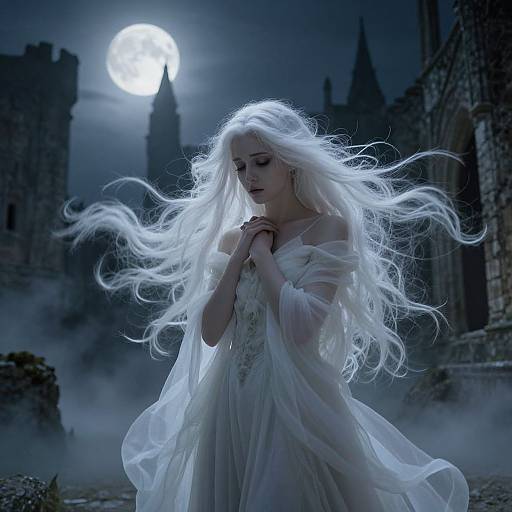 Photographic-style digital artwork of a pale, ethereal woman with long white hair, praying in a moonlit, gothic, ruined castle courtyard.