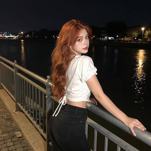 Night Balcony Portrait of Redhead Woman