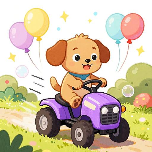 Playful Puppy Riding Purple Tractor