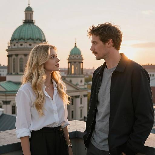 Sunset Rooftop Encounter of Two People