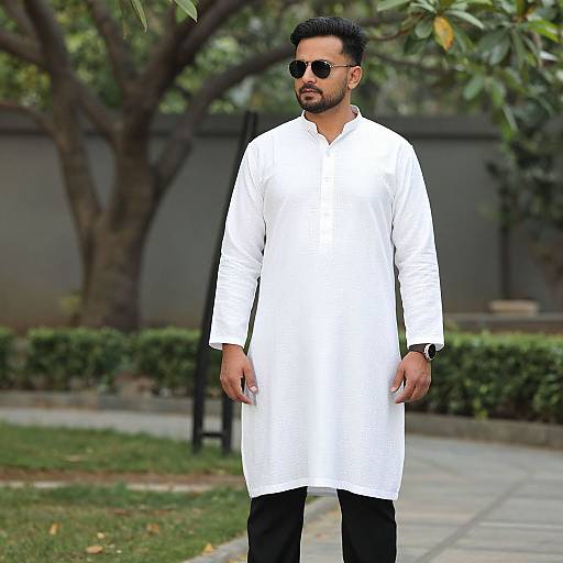 Man Wearing Modern White Kurta in Garden