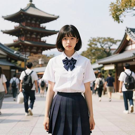 Photograph of a Japanese schoolgirl with short black hair, white shirt, navy bow, and pleated skirt, standing in a sunlit traditional street