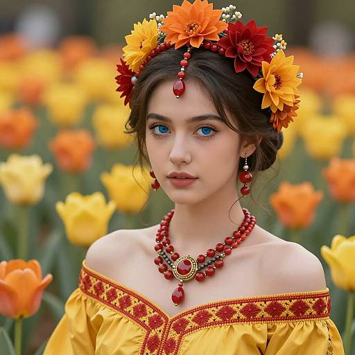 Young Woman in Traditional Floral Headdress