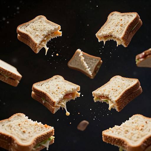 Photograph of five floating, partially eaten slices of white bread with visible fillings, against a dark, starry background. Crumbs and cheese strings