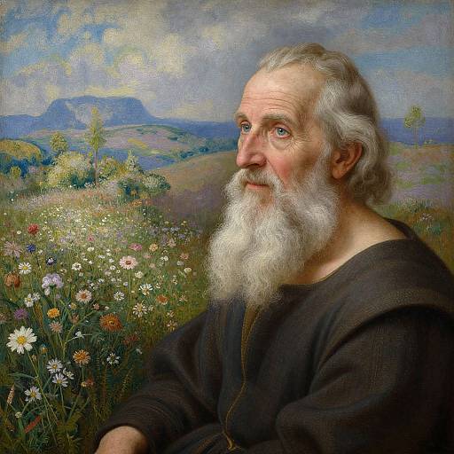 Photorealistic painting of an elderly white man with a long white beard, wearing a dark robe, sitting in a colorful meadow with wildflowers,