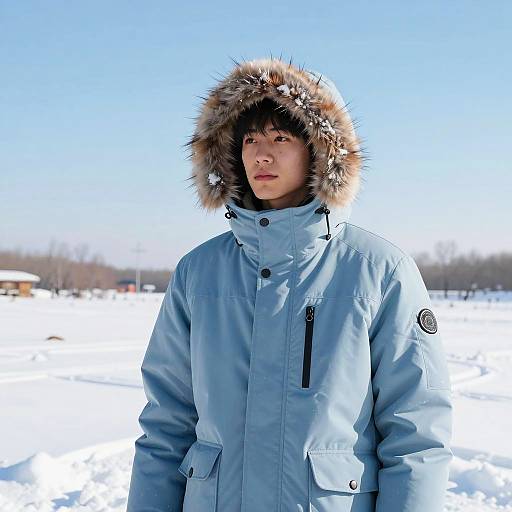 Young man in winter coat with fur hood in snowy landscape