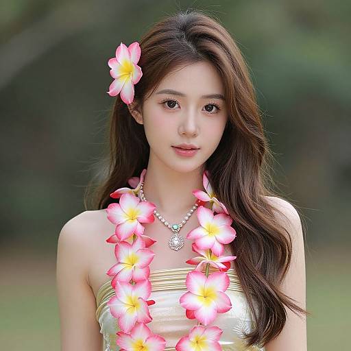 Photograph of a young Asian woman with long brown hair, wearing a golden strapless dress, adorned with pink and yellow flower lei and necklace, set