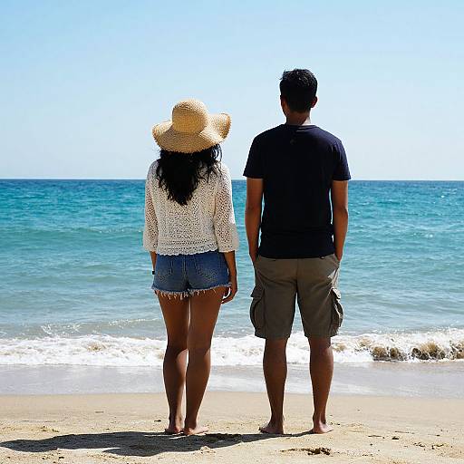 Photograph of a couple standing on a sunny beach, facing the ocean. Woman in white lace top, denim shorts, straw hat; man in black