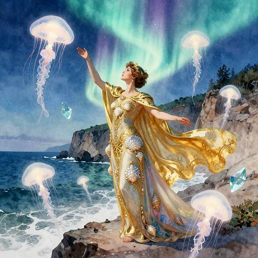 Opera Soprano with Auroral Spirits and Bioluminescent Jellyfish