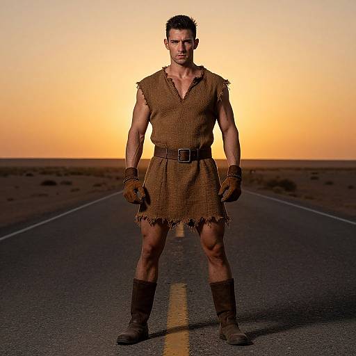 Photograph of a muscular man in a brown, sleeveless, fringe tunic, gloves, and boots, standing on an empty desert road at sunset