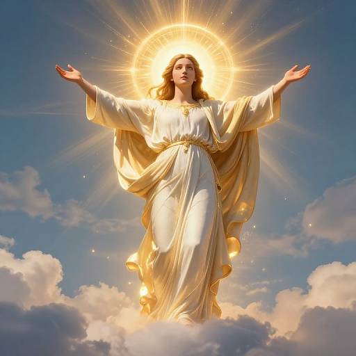 Photograph-style digital art of a radiant, golden-haired woman in a flowing white robe with outstretched arms, standing on clouds, surrounded by a