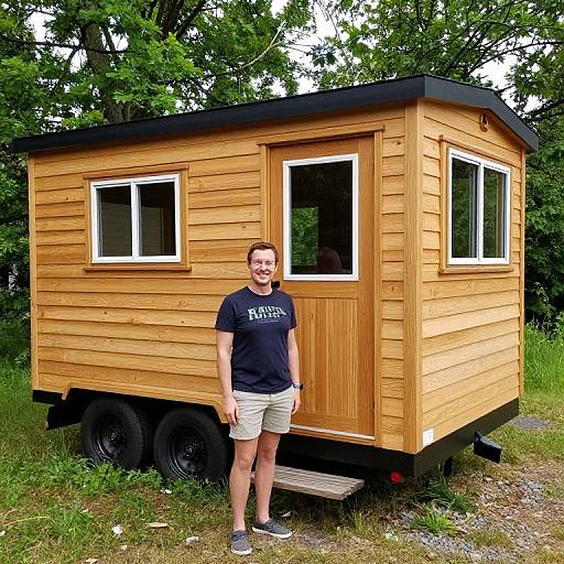 Photograph of a smiling man in a black T-shirt and beige shorts standing in front of a wooden travel trailer with black wheels, set on grassy