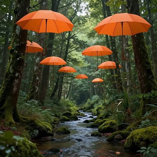 Photograph of a forest stream with bright orange floating umbrellas, surrounded by moss-covered rocks and tall trees, creating a surreal, whimsical scene.