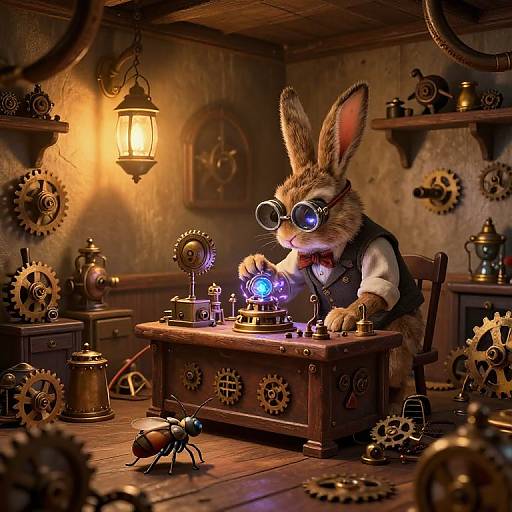 Steampunk rabbit with goggles, vest, and white shirt, tinkers with glowing blue device in cluttered, gear-filled workshop, warm lantern light