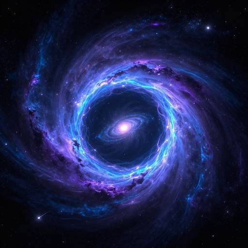 Digital artwork of a swirling galaxy with vivid blue and purple spiral arms, a bright white core, and dark space background.