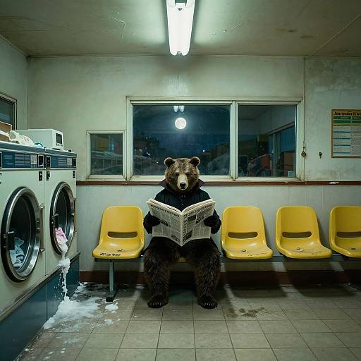 Photograph of a bear wearing a dark sweater, sitting on yellow chairs in a laundry room, reading a newspaper. Fluorescent light overhead, washing