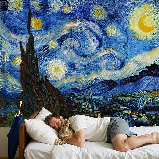 Man with Rabbit in Whimsical Landscape