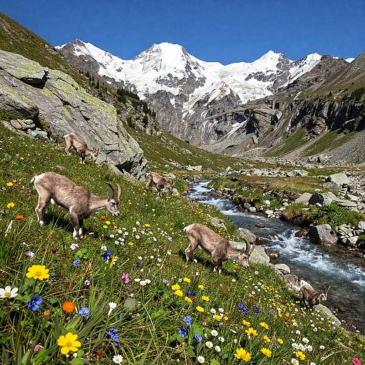 Photograph of two brown mountain goats grazing in a vibrant meadow of wildflowers, with a clear stream and snow-capped mountains in the background under