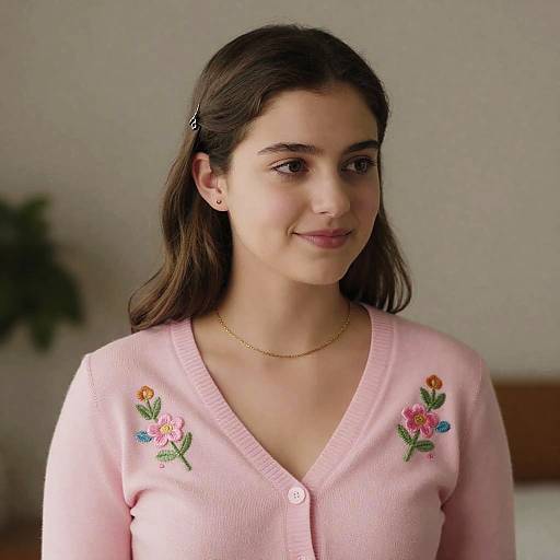 Charming Young Woman in Pink Cardigan