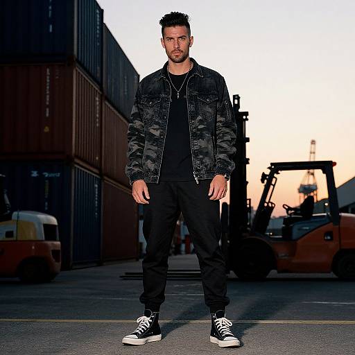 Photograph of a muscular, bearded man with short dark hair, wearing a black camo jacket, black shirt, and pants, standing on a
