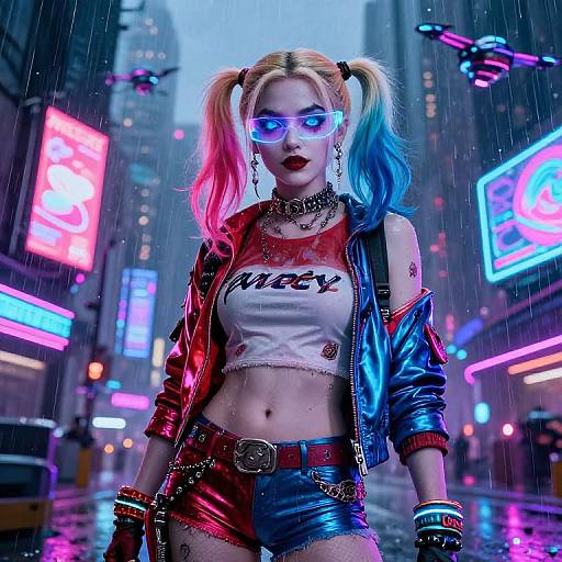 Cyberpunk city scene: Harley Quinn with neon blue and pink pigtails, reflective sunglasses, leather jacket, 