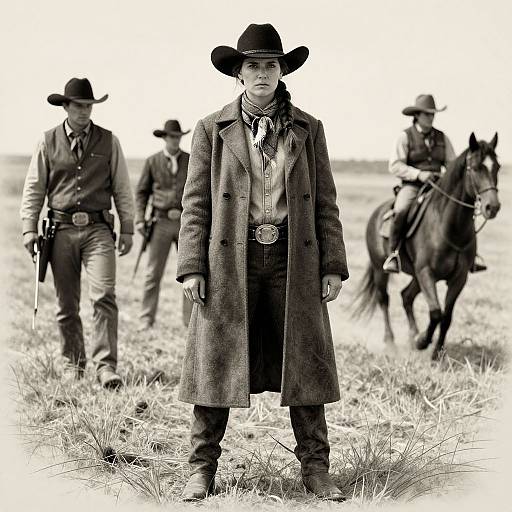 Black-and-white photograph of a young cowboy in a long coat and wide-brimmed hat, standing in a grassy field with two mounted cowboys