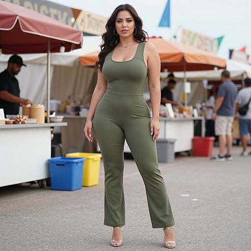 Photograph of a curvy woman with long black hair, wearing a tight, olive-green jumpsuit and white heels, standing confidently at an outdoor market