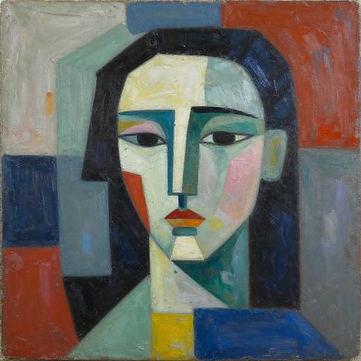 Abstract oil painting of a face with geometric shapes and bold colors: white, blue, red, black, and yellow. Expressionless eyes, red lips