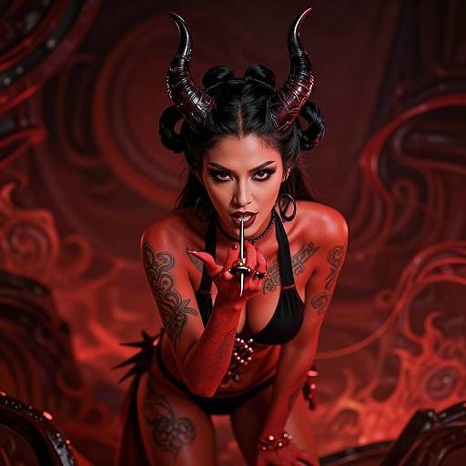 Photograph of a seductive, dark-haired demoness with black horns, tattoos, red skin, black lingerie, holding a knife to her lips,