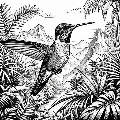 Vintage Hummingbird Rainforest Tattoo Sketch