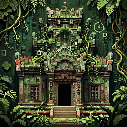 Pixel art of an ancient, ornate temple entrance overgrown with vines and ferns, featuring intricate geometric patterns and vibrant green, yellow, and red