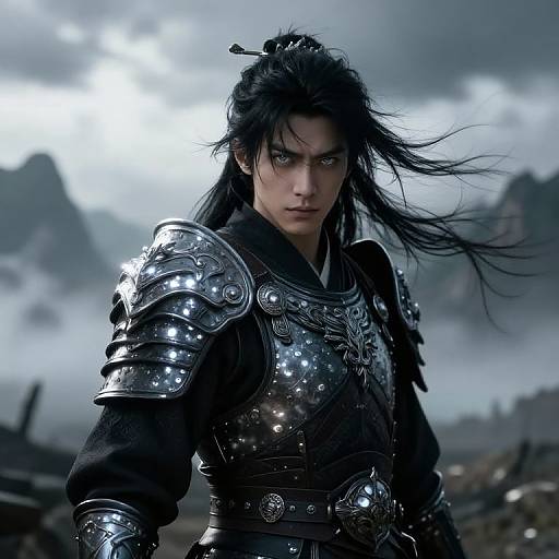 Digital artwork of a fierce, dark-haired warrior with piercing eyes in shiny, ornate silver armor, standing in a misty, mountainous battlefield.