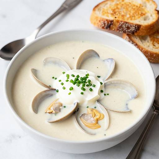 Photograph of creamy clam chowder with four clams, garnished with chopped green onions, served in a white bowl with toasted bread and a