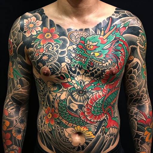 Vibrant Japanese Dragon Tattoo Chest