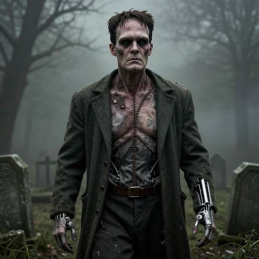Photograph-style CGI of a grim, shirtless man with cybernetic arms, wearing a tattered coat, standing in a foggy, eerie