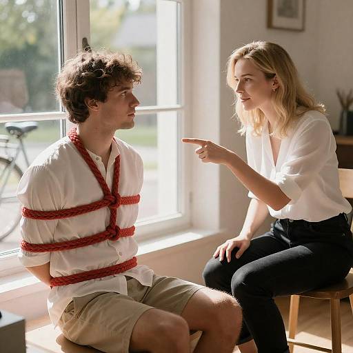 Woman Pointing at Bound Man in Sunlit Room