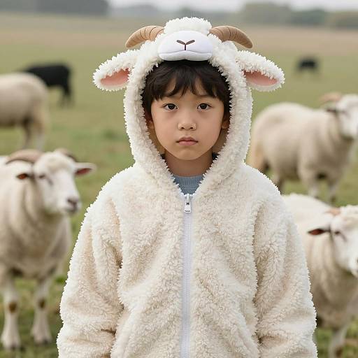 Boy in Sheep Costume in Pastoral Field