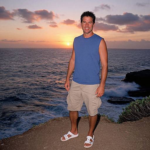 Photograph of a smiling man in blue sleeveless shirt, beige cargo shorts, and white sandals, standing on rocky cliff at sunset with ocean and clouds