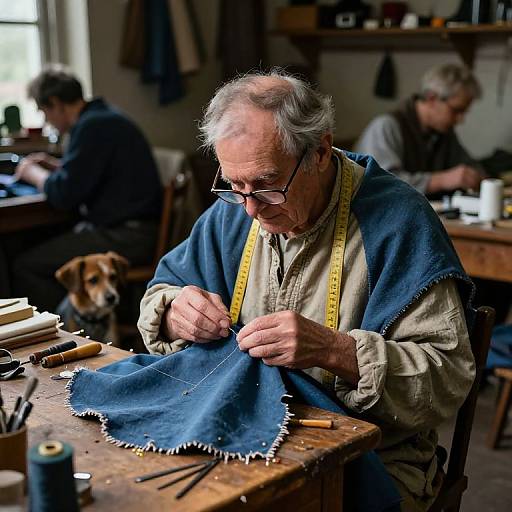 Photograph of an elderly man with gray hair, glasses, and a blue apron, meticulously sewing a blue fabric on a wooden table in a workshop
