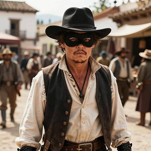 Photograph of a rugged, mustached man in a black cowboy hat, black vest, white shirt, and black mask, standing in a sunlit